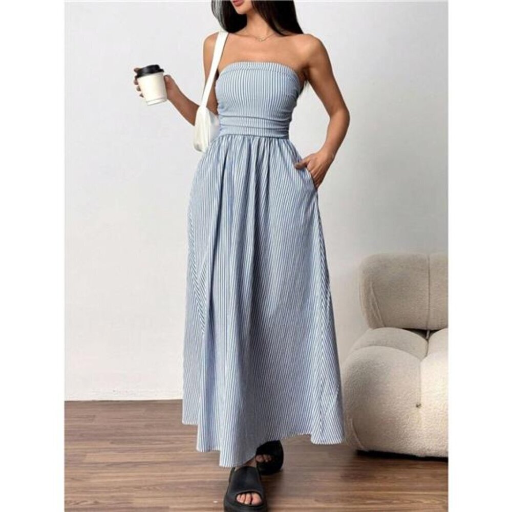 Striped Strapless Casual Maxi Dress